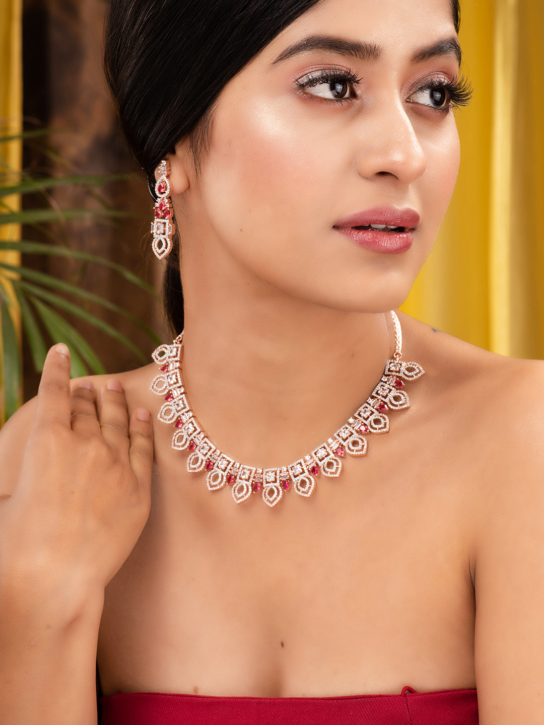 Rose Gold Toned Red AD Studded Necklace Jewellery Set, zaveri pearls, sale price rs, sale price, sale gold plated, sale gold, sale, rubans, ring, regular price, priyassi jewellery, kushal's -